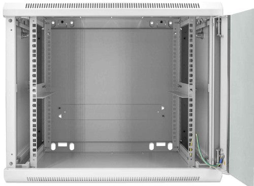 Intellinet 19" Network Cabinet - Wall Mount (Standard), 9U, 600mm Deep, Grey, Assembled, Max 60kg, Suitable also for use on desk or floor, Usable Depth 500mm, Metal & Glass Door, Back Panel, Removeable Sides, Parts for wall install (eg screws/rawl plugs)