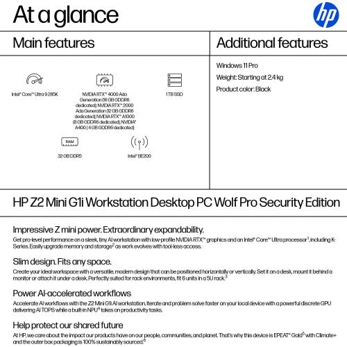 HP Z2 Mini G1i Wolf Pro Security Edition Intel Core Ultra 9 285K 32 GB DDR5-SDRAM 1 TB SSD Windows 11 Pro Mini PC Workstation AI Workstation, AI PC Black
