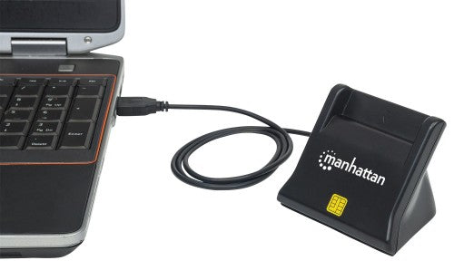 Manhattan USB-A Smart/SIM Card Reader, 480 Mbps (USB 2.0), Desktop Standing, Friction Type compatible, Hi-Speed USB, Cable 86cm, Black, Three Year Warranty
