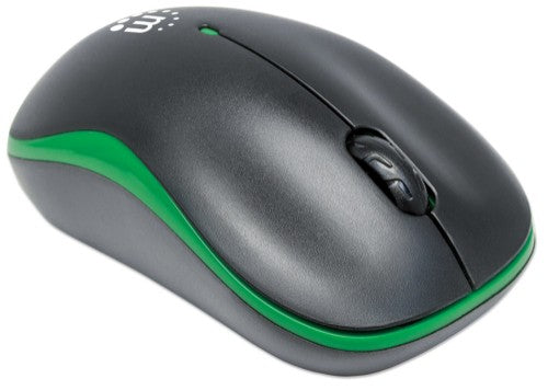 Manhattan Success Wireless Mouse, Black/Green, 1000dpi, 2.4Ghz (up to 10m), USB, Optical, Three Button with Scroll Wheel, USB micro receiver, AA battery (included), Low friction base, Three Year Warranty
