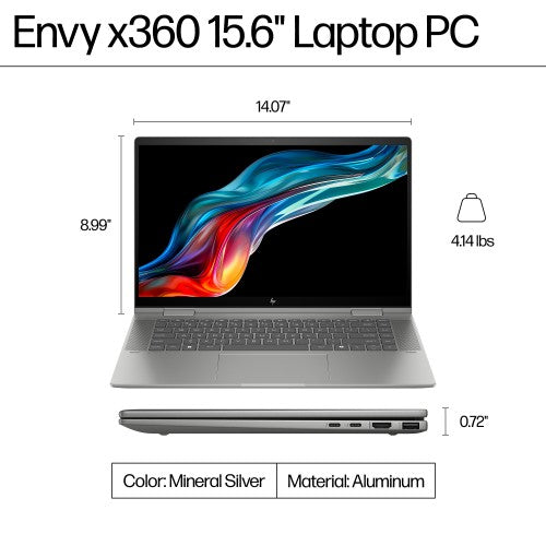 HP ENVY x360 15-fe0008na Intel® Core™ i7 i7-1355U Hybrid (2-in-1) 39.6 cm (15.6") Touchscreen Full HD 16 GB LPDDR5-SDRAM 512 GB SSD NVIDIA GeForce RTX 3050 Wi-Fi 6E (802.11ax) Windows 11 Home Silver
