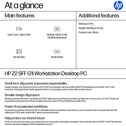 HP Z2 SFF G1i Workstation Desktop PC Intel Core Ultra 5 225 16 GB DDR5-SDRAM 512 GB SSD NVIDIA RTX A400 Windows 11 Pro AI Workstation, AI PC Black