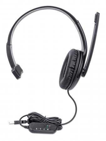 Manhattan Mono Over-Ear Headset (USB), Microphone Boom (padded), Polybag Packaging, Adjustable Headband, In-Line Volume Control, Ear Cushion, USB-A for both sound and mic use, cable 1.5m, Three Year Warranty