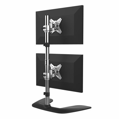 StarTech.com Vertical Dual Monitor Stand - Ergonomic Desktop Stacked Two Monitor Stand up to 27 inch VESA Mount Displays - Free Standing Universal Monitor Mount - Height Adjustable - Silver