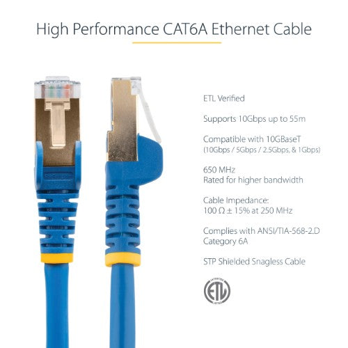 StarTech.com 10m CAT6a Ethernet Cable - 10 Gigabit Shielded Snagless RJ45 100W PoE Patch Cord - 10GbE STP Network Cable w/Strain Relief - Blue Individually Tested/Wiring is UL Certified/TIA