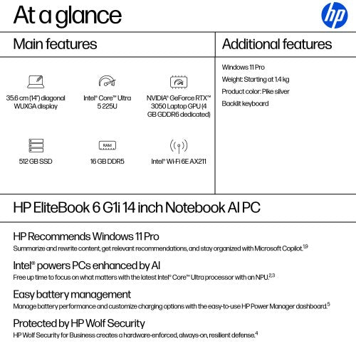 HP EliteBook 6 G1i AI PC Intel Core Ultra 5 225U Laptop 35.6 cm (14") WUXGA 16 GB DDR5-SDRAM 512 GB SSD Wi-Fi 6E (802.11ax) Windows 11 Pro Silver