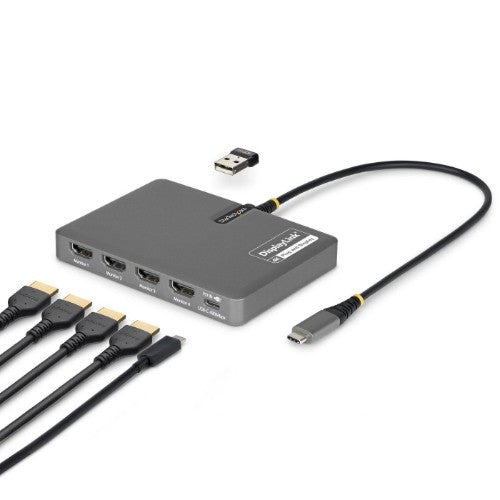 StarTech.com USB-C to Quad-Monitor Workstation Adapter, 4K 60Hz HDMI, 140W PD Passthrough for Laptop Charging, USB Port for Wireless Keyboard / Mouse, TAA