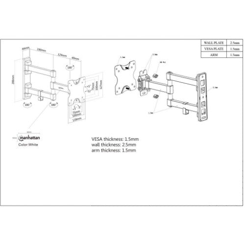 Manhattan Wall Mount for TV & Monitors (Full Motion), For screens 13" to 27", VESA compatibility: 75x75mm and 100x100mm - check the dimensions of the four mounting holes on back of screen to ensure it fits, Max 20kg, Black, Bracket