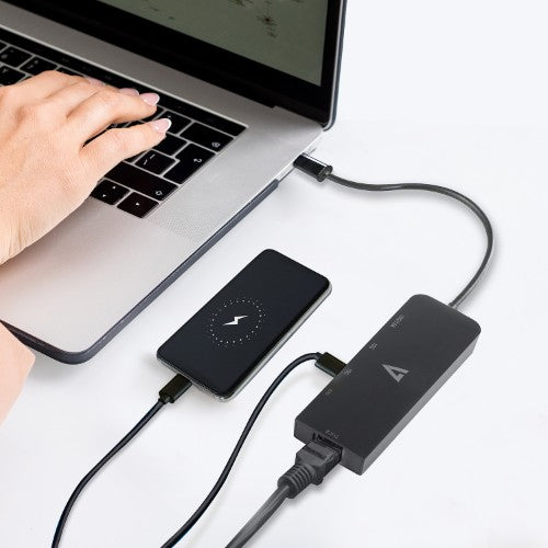 V7 2.5G Ethernet Adapter USB-C Male to USB A Female x 2, USB-C Female x1, RJ45 Female x1 Black