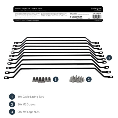 StarTech.com Horizontal Cable Lacing Bars with 4 in. Offset for Racks - 10 Pack