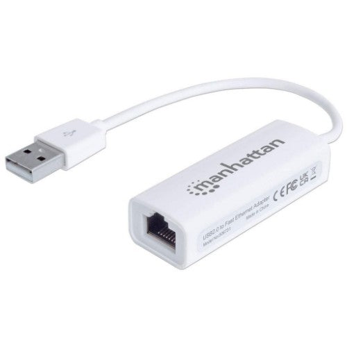 Manhattan USB-A Fast Ethernet Adapter, 10/100 Mbps Network, 480 Mbps (USB 2.0), Hi-Speed USB, RJ45, White, Three Year Warranty