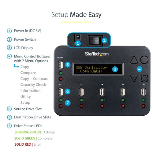 StarTech.com Standalone 1 to 5 USB Thumb Drive Duplicator and Eraser, Multiple USB Flash Drive Copier, System and File and Whole-Drive Copy at1.5 GB/min, Single and 3-Pass Erase, LCD Display - TAA
