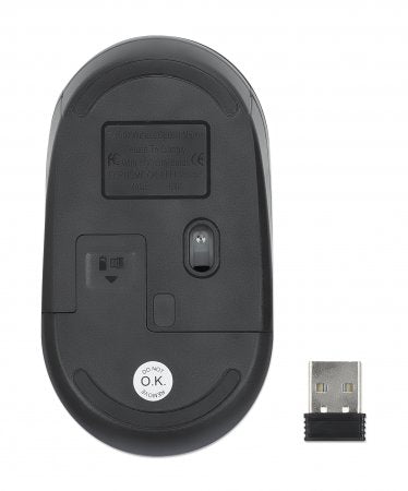 Manhattan Performance III Wireless Mouse, Black, 1000dpi, 2.4Ghz (up to 10m), USB, Optical, Ambidextrous, Three Button with Scroll Wheel, USB nano receiver, AA battery (not included), Low friction base, Three Year Warranty