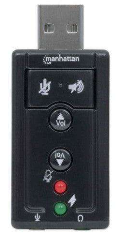 Manhattan USB-A Sound Adapter, USB-A to 3.5mm Mic-in and Audio-Out ports, 480 Mbps (USB 2.0), 7.1-Channel Virtual 3D Surround Sound, Internal Amplifier and Volume Controls, Hi-Speed USB, Three Year Warranty, Equivalent to ICUSBAUDIO7.