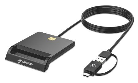 Manhattan USB-A / USB-C combo Smart Card Reader, USB 2.0 Type-C and Type-A Male to Contact Reader Interface, Supports Windows, macOS and Linux, Reads SIM Cards with Adapter (not included or available from ), 1m Cable, Black