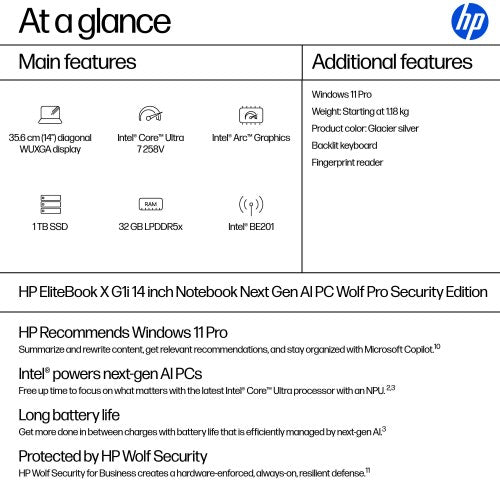 HP EliteBook X G1i Next Gen AI PC Wolf Pro Security Edition Copilot+ PC Intel Core Ultra 7 258V Laptop 35.6 cm (14") WUXGA 32 GB LPDDR5x-SDRAM 1 TB SSD Wi-Fi 7 (802.11be) Windows 11 Pro Silver