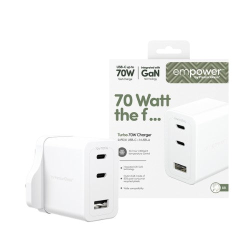 PanzerGlass empower™ by ® Turbo 70W Multiple Charger incl. 2 x USB-C + USB-A | UK Plug | Silver White