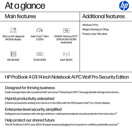 HP ProBook 4 G1i 14 inch Notebook AI PC Wolf Pro Security Edition Intel Core Ultra 5 225H Laptop 35.6 cm (14") WUXGA 16 GB DDR5-SDRAM 512 GB SSD Wi-Fi 7 (802.11be) Windows 11 Pro Silver