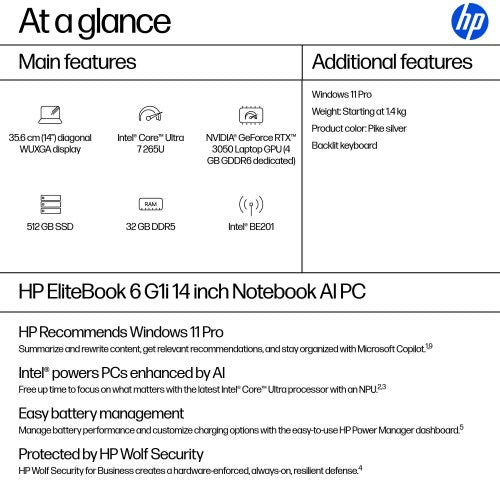 HP EliteBook 6 G1i AI Intel Core Ultra 7 265U Laptop 35.6 cm (14") WUXGA 32 GB DDR5-SDRAM 512 GB SSD Wi-Fi 7 (802.11be) Windows 11 Pro AI PC Silver