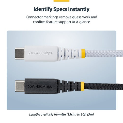 StarTech.com 1m (3ft) White USB-C Charging Cable, 60W (3A) PD, Dual-Layer Braided Nylon/TPE Jacket, Rugged USB C Charging Cord, USB 2.0 Laptop Charger Cable