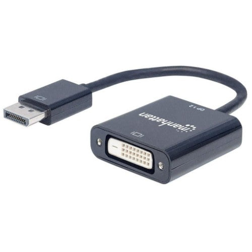 Manhattan DisplayPort 1.2a to DVI-D 24+1 Adapter Cable, 1080p@60Hz, 23cm, Male to Female, Active, Compatible with DVD-D, Black, Three Year Warranty, Equivalent to DP2DVIS