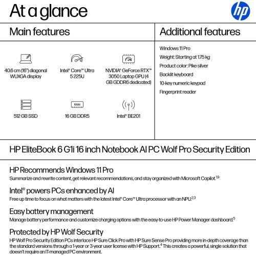 HP EliteBook 6 G1i Intel Core Ultra 5 225U Laptop 40.6 cm (16") WUXGA 16 GB DDR5-SDRAM 512 GB SSD Wi-Fi 7 (802.11be) Windows 11 Pro AI PC Silver