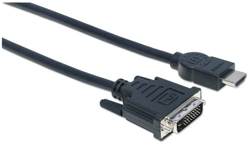 Manhattan HDMI to DVI-D 24+1 Cable, 3m, Male to Male, Black, Dual Link, Compatible with DVD-D, Lifetime Warranty, Equivalent to HDDVIMM3M