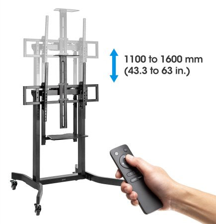 Manhattan Motorised Trolley Mount Stand for TV & Monitors, For screens: 60" to 100",VESA compatibility:all between 200x200 to 800x600mm -check the dimensions of the four mounting holes on back of screen to ensure it fits,Max 120kg,Height 1100 to 1600mm,LF