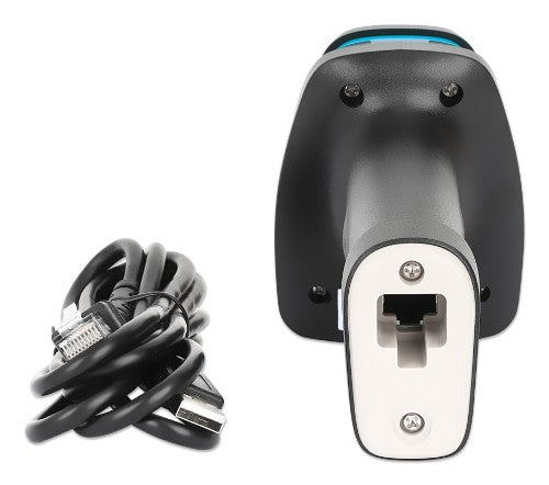 Manhattan 2D Long Range LED Barcode Scanner, USB, 450mm Scan Depth, Max Ambient Light 100,000 lux (sunlight), Supports symbologies - 1D (x21 versions) and 2D (x10 versions), Scanner RJ45 to USB 1.8m cable (most popular type, which is USB-A), Black, 3 Year