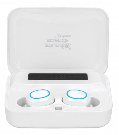 Manhattan Bluetooth Earphones, White, Microphone, Integrated Controls, Sweatproof, Noise Isolating, 5 hour usage time, Max Range 10m, Charging Case with Powerbank (1200mAh), Bluetooth v5.0, USB-A charging cable included, 3 Year Warranty