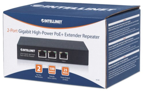 Intellinet 2-Port Gigabit High-Power PoE+ Extender Repeater, IEEE 802.3at/af Power over Ethernet (PoE+/PoE), metal