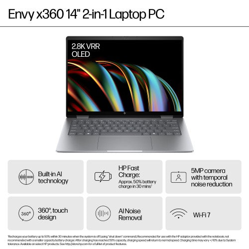 HP ENVY x360 14-fc0001na Intel Core Ultra 7 155U Hybrid (2-in-1) 35.6 cm (14") Touchscreen 3K 16 GB LPDDR5-SDRAM 512 GB SSD Wi-Fi 6E (802.11ax) Windows 11 Home AI PC Silver