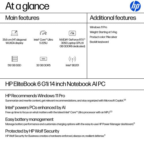 HP EliteBook 6 G1i AI Intel Core Ultra 5 225U Laptop 35.6 cm (14") WUXGA 32 GB DDR5-SDRAM 512 GB SSD Wi-Fi 7 (802.11be) Windows 11 Pro AI PC Silver
