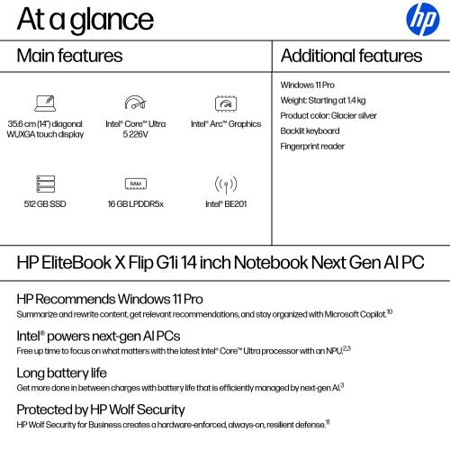 HP EliteBook X Flip G1i Next Gen AI PC Copilot+ PC Intel Core Ultra 5 226V Hybrid (2-in-1) 35.6 cm (14") Touchscreen WUXGA 16 GB LPDDR5x-SDRAM 512 GB SSD Wi-Fi 7 (802.11be) Windows 11 Pro Silver