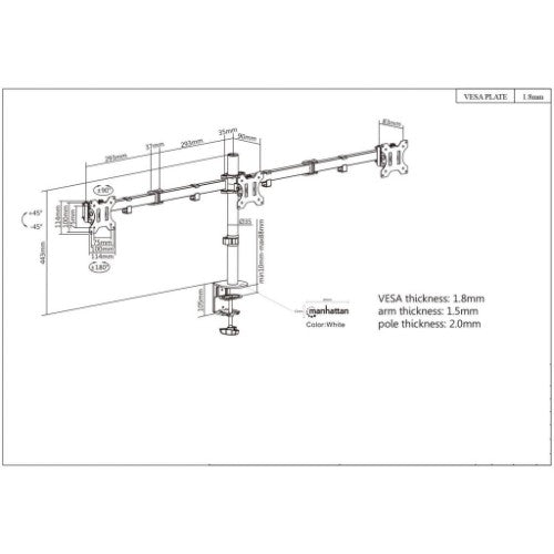 Manhattan Triple Desk Mount for TV & Monitors, For screens: 10" to 27", Clamp Assembly, VESA compatibility: 75x75 and 100x100mm - check the dimensions of the four mounting holes on back of screen to ensure it fits, Max 7kg (each), Black, Bracket, Lifetime