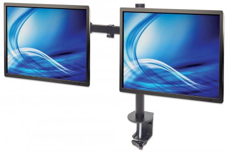 Manhattan Dual Desk Mount for TV & Monitors (Full Motion), For screens 10" to 27", Clamp Assembly, VESA compatability: 75x75 and 100x100mm - check the dimensions of the four mounting holes on back of screen to ensure it fits, Max 8kg (each), Black, Bracke