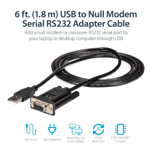 StarTech.com 6ft (1.8m) 1-Port USB to Serial RS232 Adapter, FTDI DB9 Serial DCE Adapter Cable, Null Modem, USB 2.0 - TAA