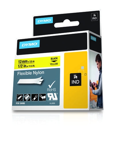 Dymo 18490/S0718080 Ribbon Nylon flexible black on yellow 12mm x 3,5m for Dymo Rhino 6-12mm/19mm/24mm