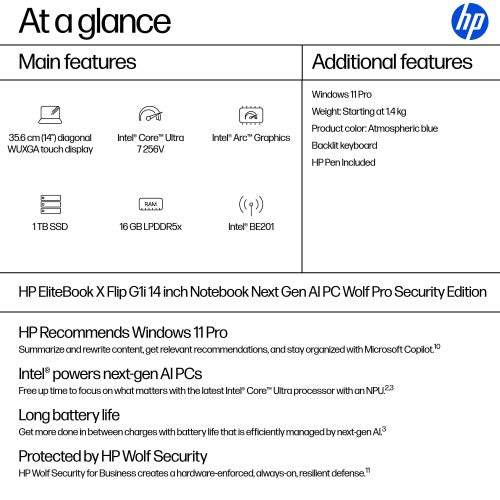 HP EliteBook X Flip G1i Next Gen AI Wolf Pro Security Edition Copilot+ PC Intel Core Ultra 7 256V Hybrid (2-in-1) 35.6 cm (14") Touchscreen WUXGA 16 GB LPDDR5x-SDRAM 1 TB SSD Wi-Fi 7 (802.11be) Windows 11 Pro Blue