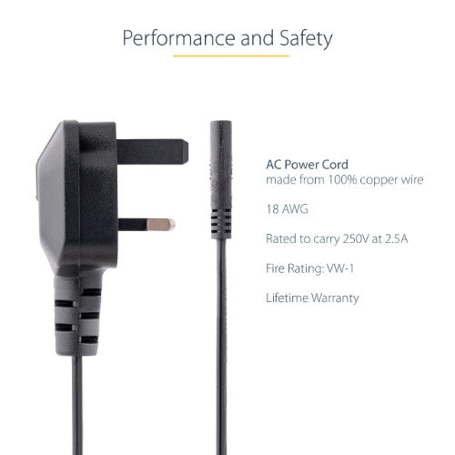 StarTech.com 6ft (2m) UK Laptop Power Cable, BS 1363 to C7, 2.5A 250V, 18AWG, Black, UK Laptop Replacement Cord, Printer Power Cable, AC Laptop Charger Cord, Laptop Power Brick Cord