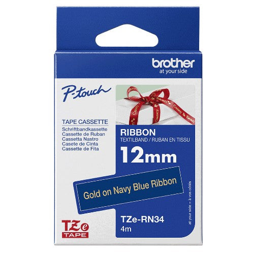 Brother TZE-RN34 DirectLabel gold on Navy blue non adhesive textil 12mm x 4m for Brother P-Touch TZ 3.5-18mm/6-12mm/6-18mm/6-24mm/6-36mm