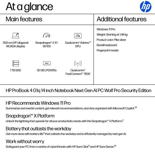 HP ProBook 4 G1q Next Gen AI PC Wolf Pro Security Edition Copilot+ PC Snapdragon X1-26-100 Laptop 35.6 cm (14") WUXGA 32 GB LPDDR5x-SDRAM 1 TB SSD Wi-Fi 7 (802.11be) Windows 11 Pro Silver