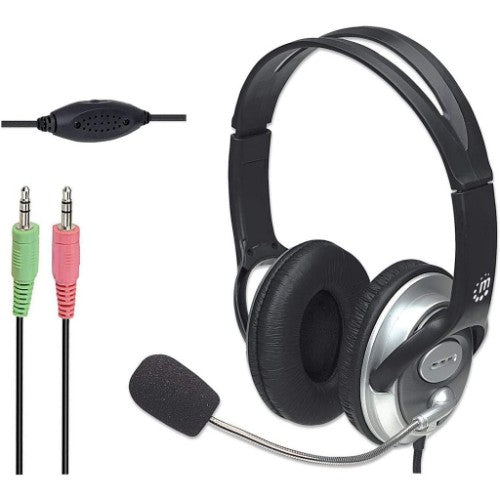 Manhattan Stereo Over-Ear Headset (3.5mm), Microphone Boom (padded), Adjustable Steel Headband, In-Line Volume Control, Ear Cushions, Std 2x 3.5mm stereo jack/plug for audio/mic use, cable 2.5m, 3 Year Warranty
