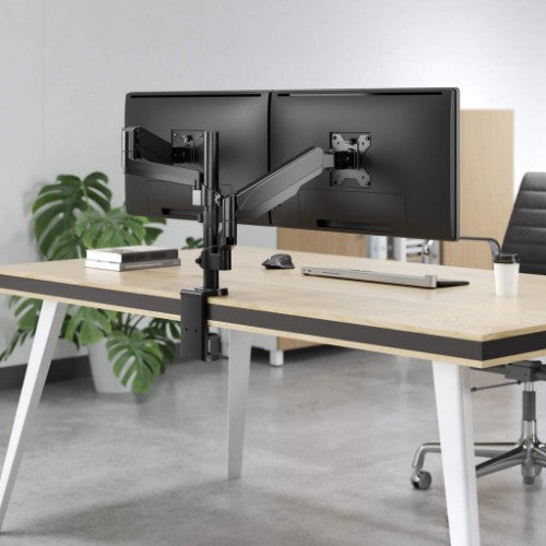 Manhattan Dual Desk Mount for TV & Monitors (Full Motion Gas Spring), For screens 10" to 27", Clamp or Grommet Assembly, VESA compatibility: 75x75 and 100x100mm - check the dimensions of the four mounting holes on back of screen to ensure it fits, Max 8kg