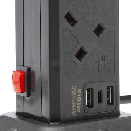 connektgear 2m 8 Way Surge Protected UK Socket Tower Block with USB Type A and C Ports