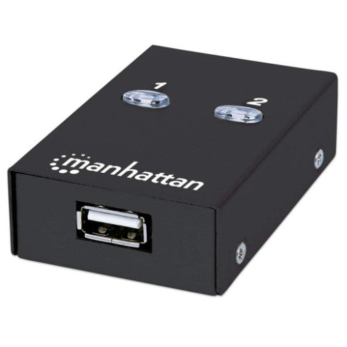 Manhattan USB-A Automatic Sharing Switch, 2x USB-B Ports, 480 Mbps (USB 2.0), Dual Control (Auto-Sensing or Manual), Bus Powered, Hi-Speed USB, inc 1x 1.5m USB-A to USB-B cable, Black, Three Year Warranty