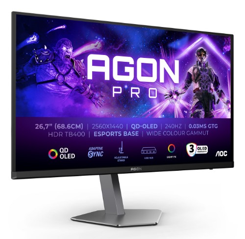 AOC AGON PRO AG276QZD2 computer monitor 67.3 cm (26.5") 2560 x 1440 pixels Quad HD QD-OLED Black, Grey