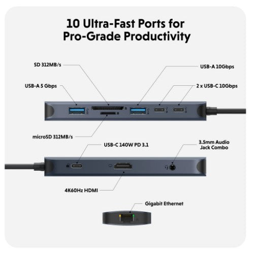 HYPER HD4005GL interface hub USB 3.2 Gen 1 (3.1 Gen 1) Type-C 10000 Mbit/s Blue, Grey