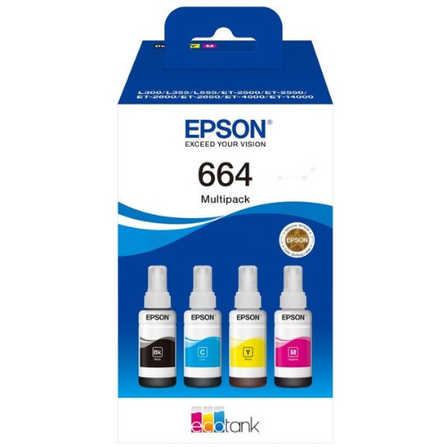 Epson C13T66464A/664 Ink bottle multi pack Bk,C,M,Y 70ml 1x4500pg + 3x7500pg Pack=4 for Epson L 300/655