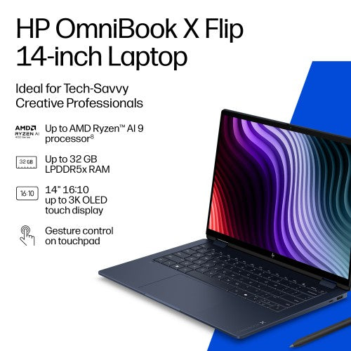HP OmniBook X Flip 2-in-1 Laptop Next Gen AI 14-kc0000nax Copilot+ PC AMD Ryzen™ AI 5 35.6 cm (14") Touchscreen 2K 16 GB LPDDR5x-SDRAM 512 GB SSD Wi-Fi 7 (802.11be) Windows 11 Home Blue
